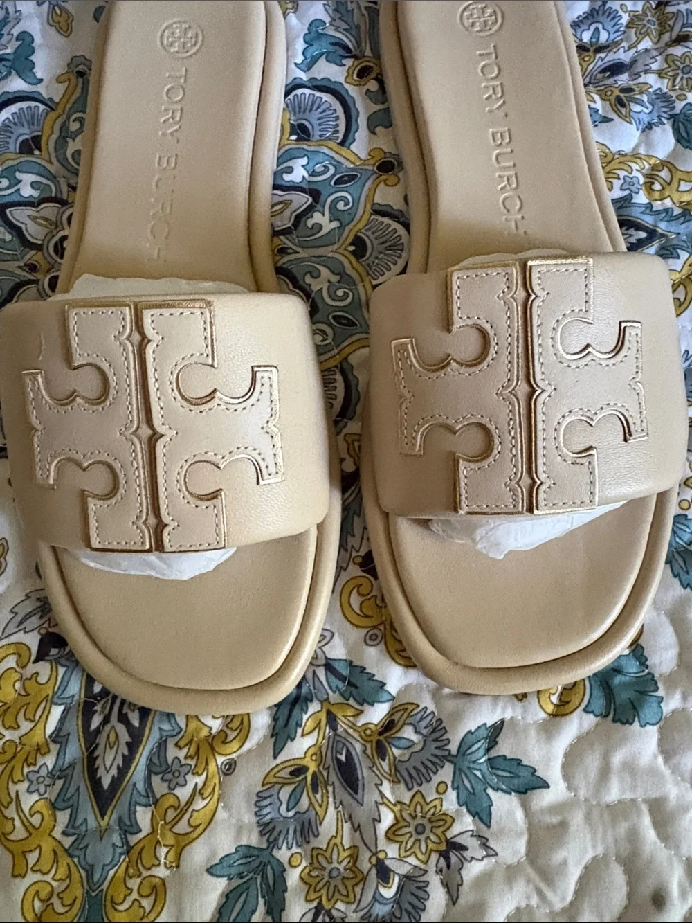 Tory Burch Cream Leather Logo Slide Mules